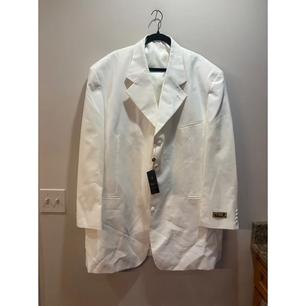 3 Piece Falcone Curtis Vested Suit 50L W45 Ivory‎ Polyester Formal Mens Raw Hem